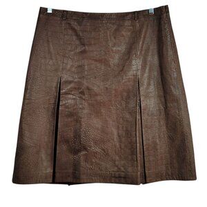 Ann Taylor Loft Leather Skirt Brown SZ 14 Crocodile Lined Knee ALine Preppy READ